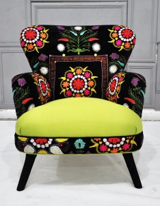 Patchwork armchair with neon green burst from Name Design Studio.