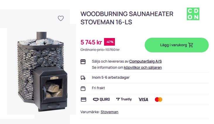 Halva priset på vedeldad kamin Stoveman till bastu